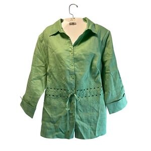 Lino USA 100% Linen eyelet Detail Tie Waist  Green blouse Size XLarge